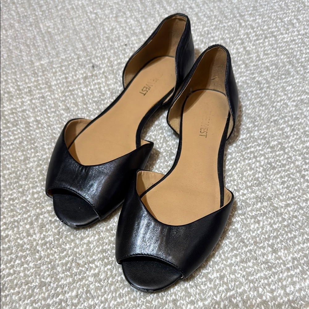 Nine West Women's Peep Toe Black Leather Flats